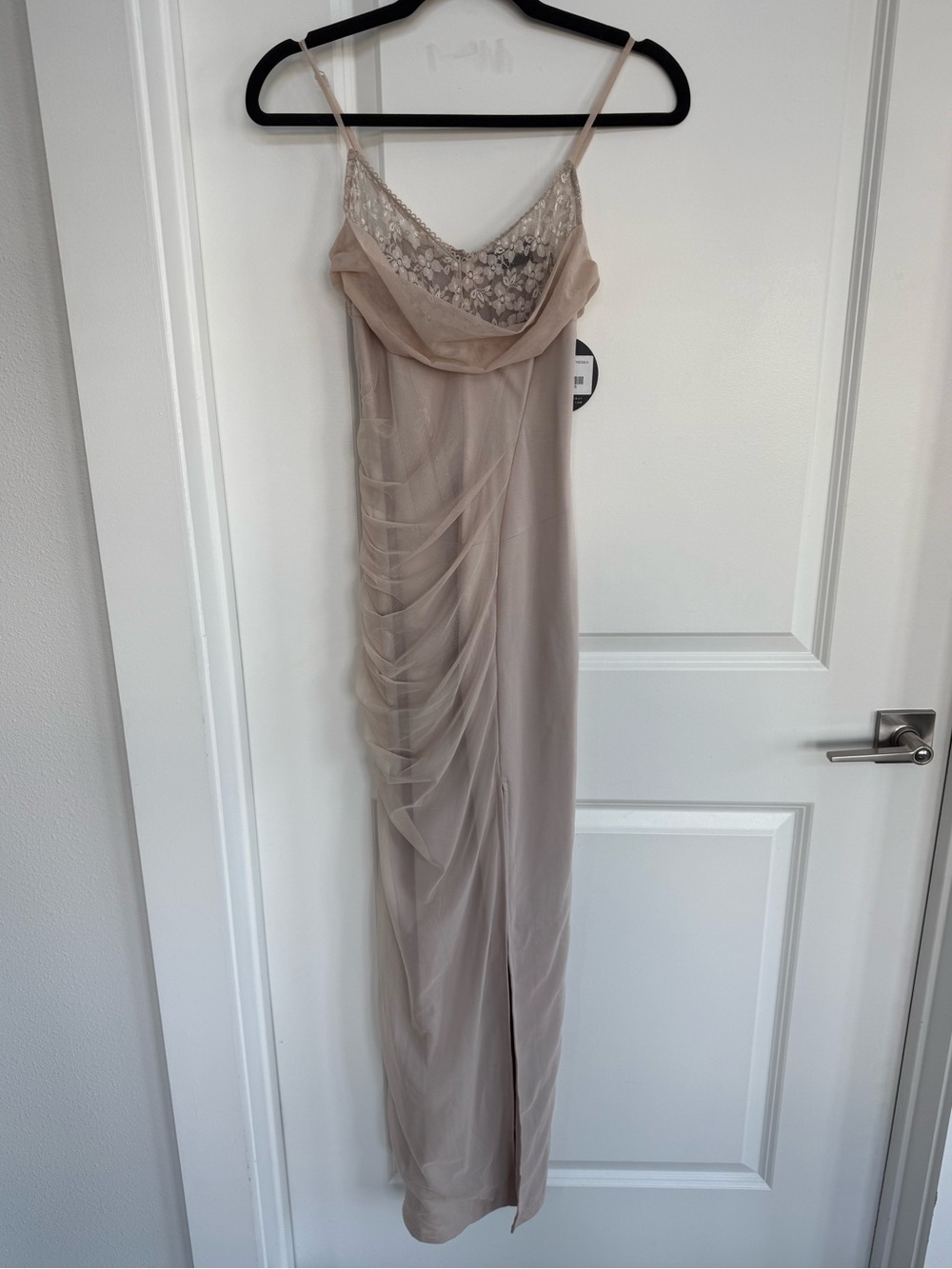 White Fox Boutique Beige Lace-Trim Slit Maxi Dress - Picture 2 of 7